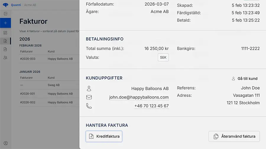 Skapa hel eller delvis kreditfaktura direkt från originalfakturan