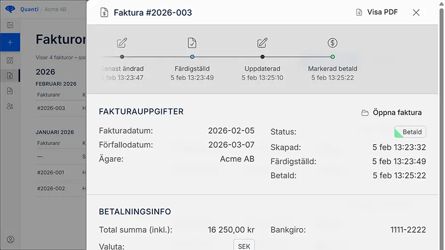 Tidslinje i Quanti som visar dokumenthistorik