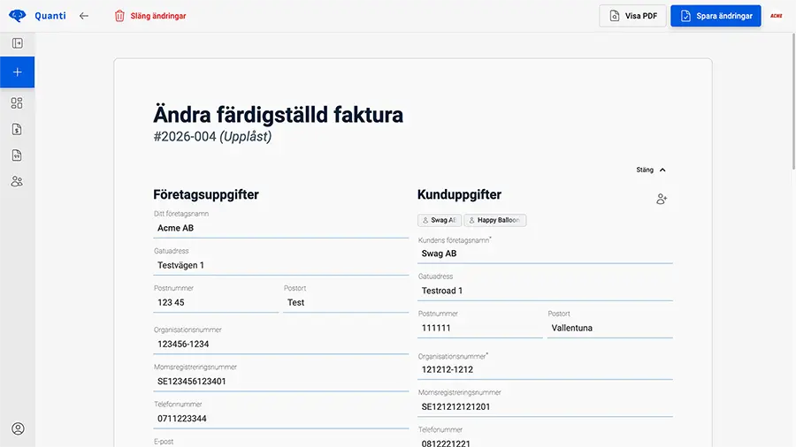 Visar en upplåst faktura i Quanti