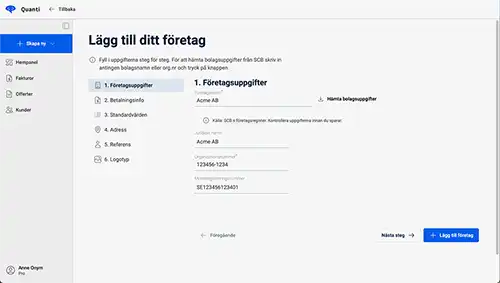 Skärmbild som visar hur man skapar ett företag i Quanti