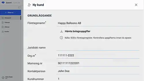 Skärmbild som visar hur man lägger till en kund i Quanti