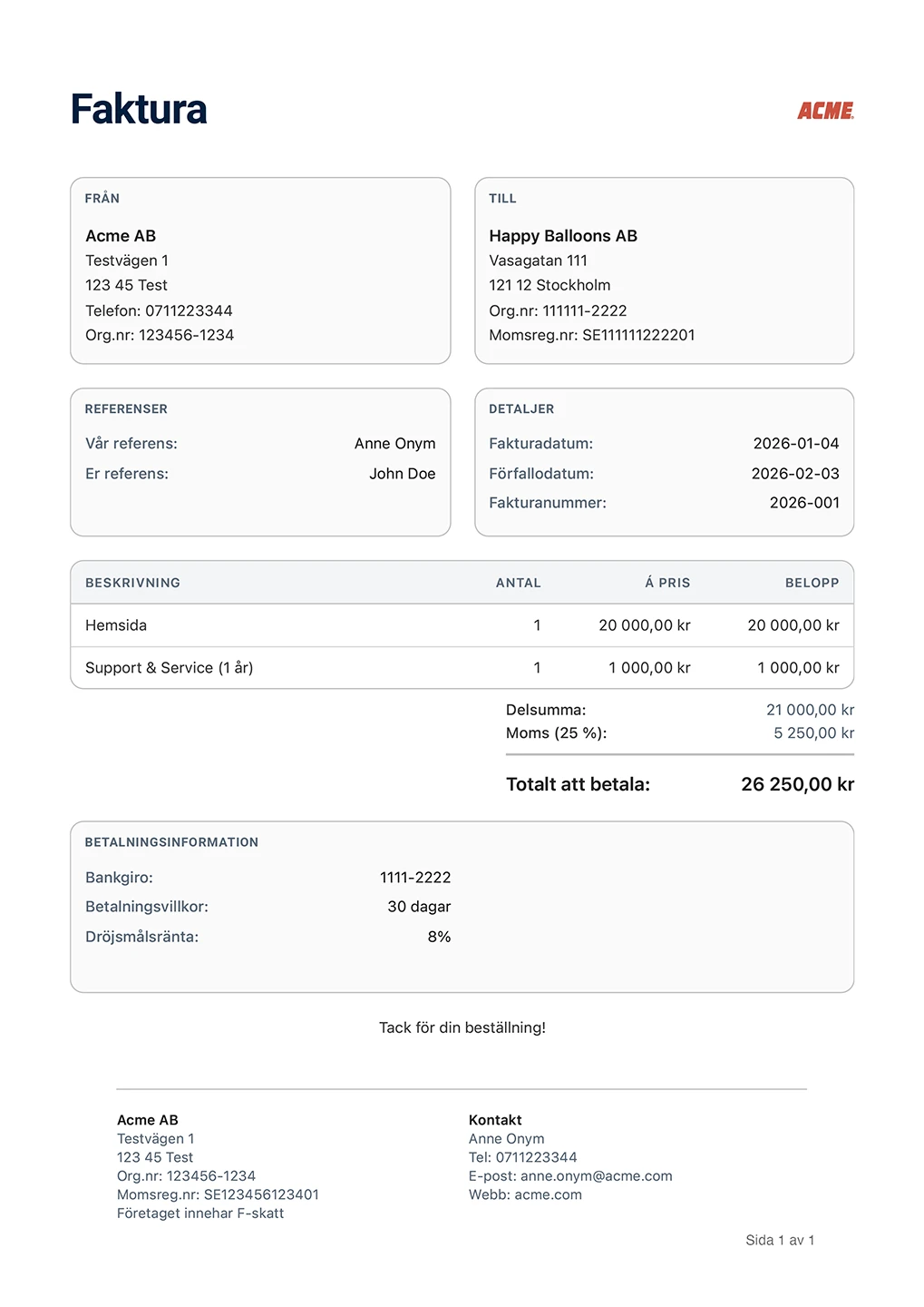En screenshot på hur en standard-PDF för en faktura kan se ut