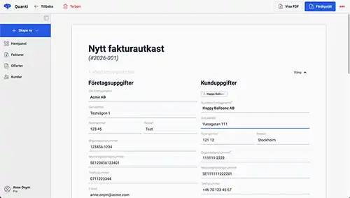 Skärmbild som visar hur man skapar en faktura i Quanti